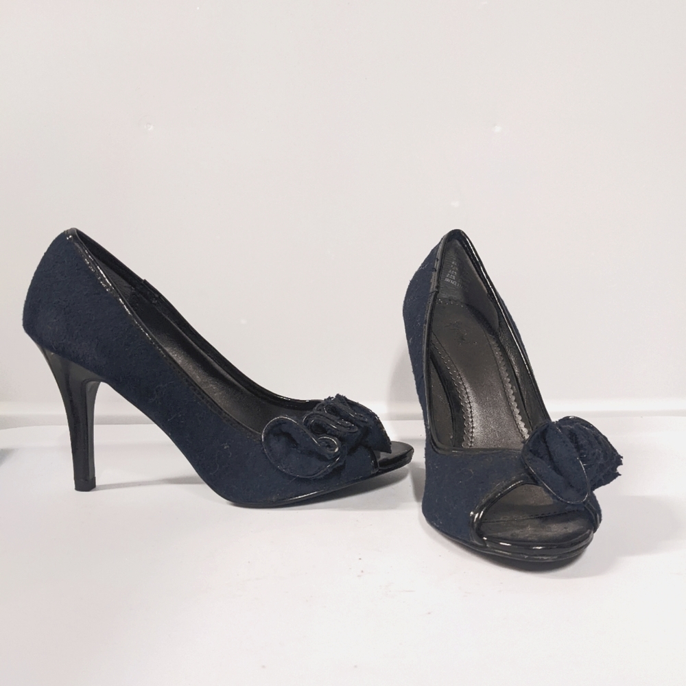 Women's Navy Peep-Toe Heels with Bow Accent
